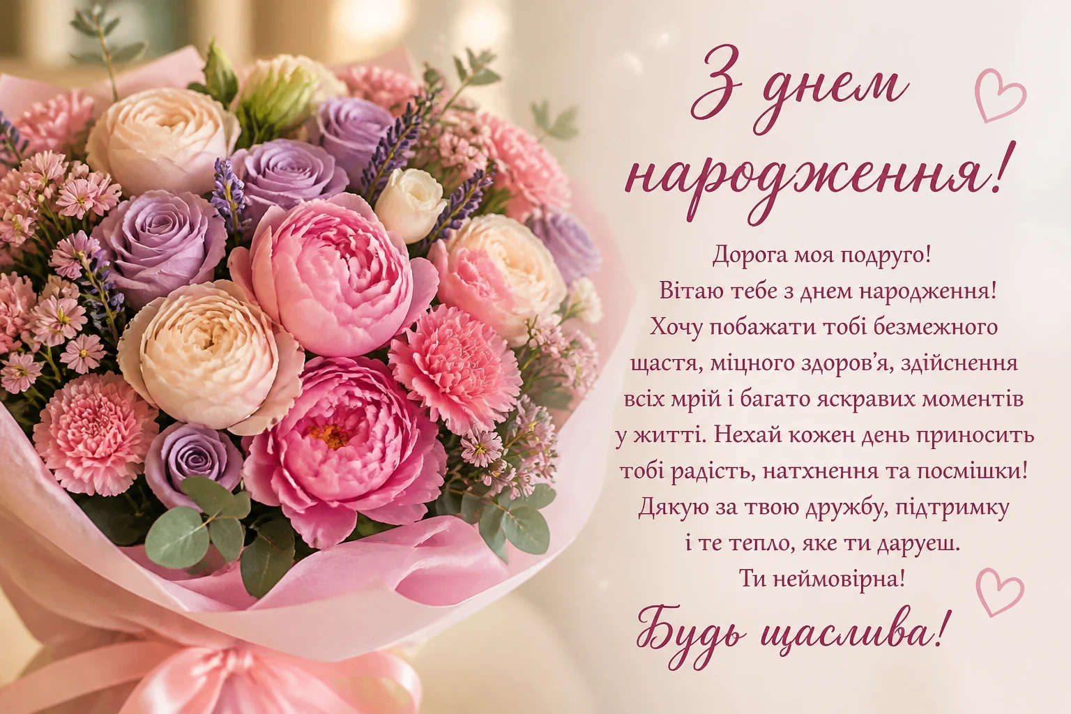 Квіти у букет та привітання з днем народження подрузі
