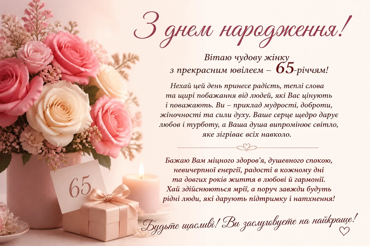 Зворушливі привітання з днем народження жінці 65 років